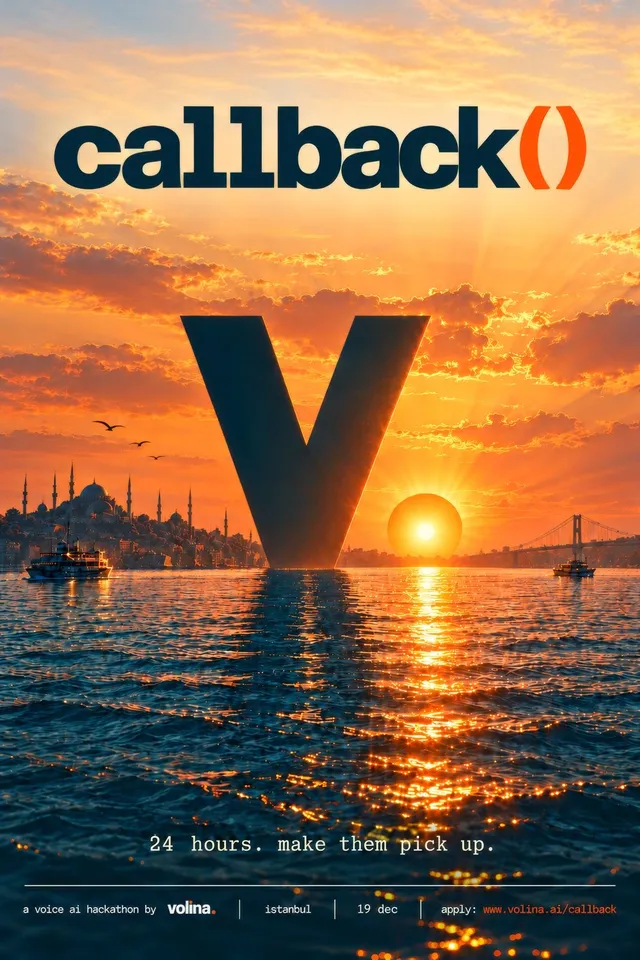 callback() posteri: İstanbul'da gün batımı, Boğaz'ın ortasında denizden yükselen dev bir V harfi.